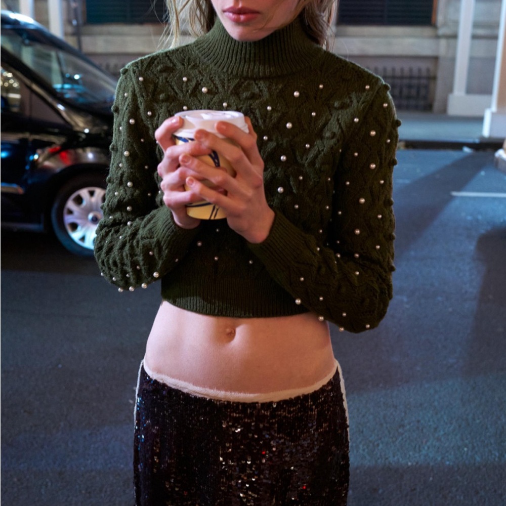 Zara Olive Turtleneck with Pearl Embellishments